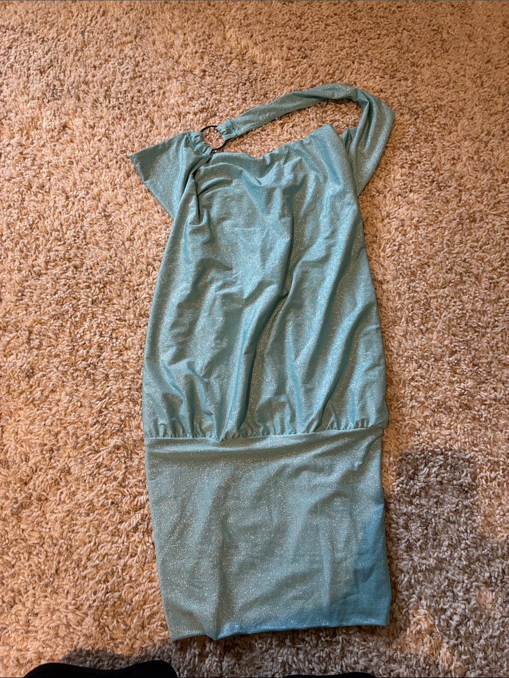 Motel Rocks Shimmery Teal One-Shoulder Mini Dress with Ring Detail